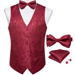 Vests Wedding Classic Red Paisley Dress Vest for Man Fashion Vneck Luxury Men's Business Waistcoat Bowtie Pocket Square Cufflinks Set