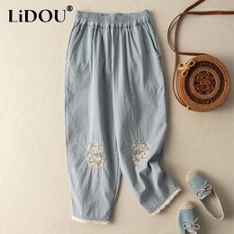 Women's Pants Summer Elastic High Waist Cotton Linen Embroidery Vintage Women Loose Casual Fashion Ankle Length All-match Trousers Femme