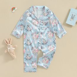 Cute Silk Satin Baby Sleepwear For Boys Girls Pajama Romper Lapel Neck Long Sleeve Rabbit Print Toddler Lounge Easter Clothes 240313