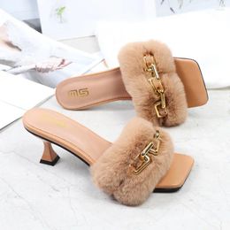 Slippers Summer Women High Heels Sandals Mules Slides Low Metal Chain Furry Sexy Outdoor Shoes Fluffy Zapados Mujer