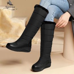 Boots Sgesvier Winter Warm Down Waterproof Fabric Fur Plush Womens Snow Boots Platform Flats Plus Size 44 Knee High White Black Shoes