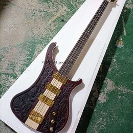 Strings Red Brown Neck thru body Electric Bass Guitar with NC Engraving Pattern Rosewood Fretboard
