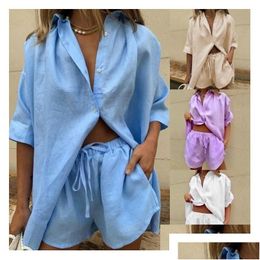 Women'S Tracksuits Womens Women Lounge Wear Shorts Set Short Sleeve Shirt Tops And Loose Mini Suit Two Piece Cotton Linen Summer Tra Dhset