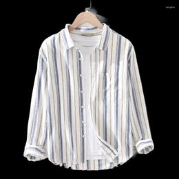 Men's Casual Shirts 2024 Autumn Loose Fit Large Linen Shirt Youth Art Stripe Square Neck Long Sleeve Cotton