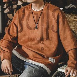 Men's Hoodies Sweatshirts England Vintage Suede Sweater Round Neck Autumn Trend Street Loose Printed Solid Long Sleeve Plus Size Tops 24318
