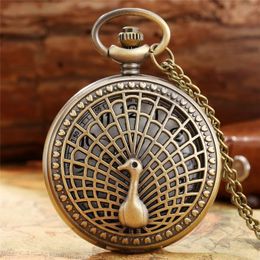 Bronze Hollow Peacock Case Watches Men Women Quartz Pocket Watch Analog Display with Necklace Sweater Chain Gifts montre de poche283T