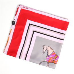 European Foreign Trade Silk Scarf Grid Ten Horses Printing 130cm Women's Twill Satin Large Kerchief Shawl Scarf