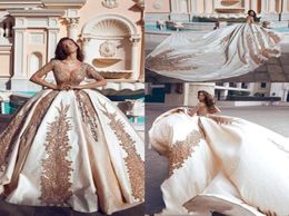New Ball Gown Corset Wedding Dresses Said Gold Appliques Princess Sheer Scoop Neck Long Sleeves Appliqued Bridal Gowns Formal Chap3262206