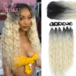 Weave 613 Blonde Natural Wave Synthetic Hair Bundles with 4X4 Closure Curly Hair Weave Weaving for Women Wigs Soku Machine One Weft