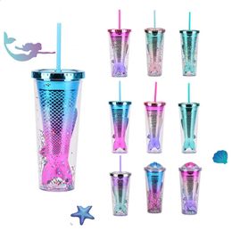 350ml Double Layer Plastic Cup Gradient Colour Beauty Fish Tail Straw Cup Electroplated Colour Sparkling Water Bottles Coffee Mug 240327