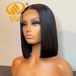 Synthetic Wigs SSH Straight Short Bob Human Hair Wigs for Black Women Lace Part Brazilian Hair Wigs Remy Hair Middle Part Side For Brown Women 240328 240327