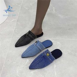 HBP Non-Brand Ready to ship high fashion boutique trendy denim jean women ladies flat slippers pointy shoes