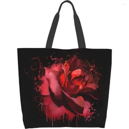 Shopping Bags Large Capacity Shoulder Bag With A Background Of Blooming Red Roses Reusable Easy-to-clean Suitable