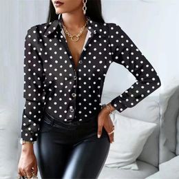 Women's Blouses Vintage Style Lady Women Long Sleeve Shirt Blouse Dot Printed V Neck Shirts Tops Clothing Lapel Single Breasted Camisa