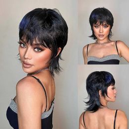 Synthetic Wigs Short Brown Wigs Shaggy Layered 80s Mullet Wig Pixie Cut Wig With Bangs Curly Synthetic Natural Fake Hair Replacement Wigs for W 240328 240327