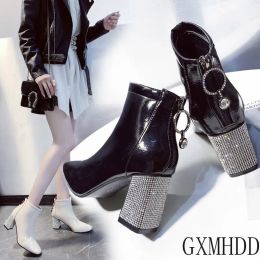 Sandals Square Toe Short Boots Woman 2020 Fall/Winter Shoes Women High Heeled Boots Rhinestone Chunky Heel Female Booties Large Size