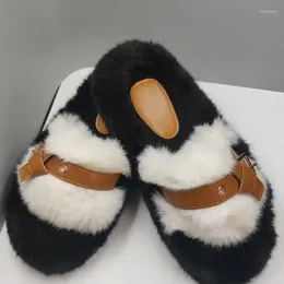 Slippers Thick Base Plush 2024 Winter Women's Shoes One Word Drag Lazy People Cotton Female