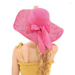 Wide Brim Hats Outdoor Colourful Dot Foldable Women Straw Hat Sun Protection Ribbon Bow Stylish Summer Beach Elegant Travel Sunscreen