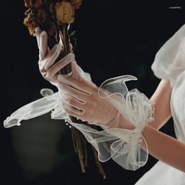 Party Decoration 1 Pair Women's Tulle Gloves Short Butterfly Mesh White Sheer Pearls Bridal For Wedding Opera