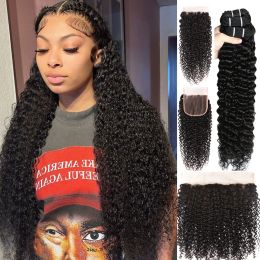Closure Peruvian Kinky Curly Bundles With Frontal 100% Curly Human Hair Bundles With Closure 13x4 HD Transparent Lace Front With Bundles