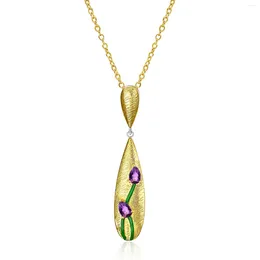 Chains Abiding Shield Plating Tech Clear Natural Stone Gold 925 Silver Pear Amethyst Pendant