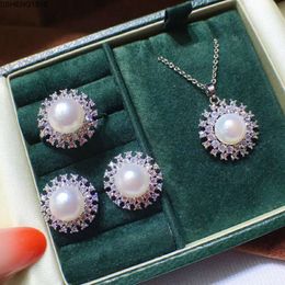 Sunflower Pearl Zircon Jewelry Set White Gold Filled Party Wedding Rings Bangle Necklace for Women Bridal Promise