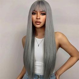 Synthetic Wigs Long Hair Granny Grey Synthetic Wig With Natural Bangs for Women 26Inch Long Straight Hair Wig for Everyday Cosplay Parties 240328 240327