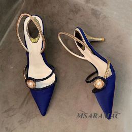 Slippers Blue Silk Pointed Toe Crystal Pearl Dress Shoes Leather Lining Party Shoes Sexy Street Women Allmatch Nightclub Shoes