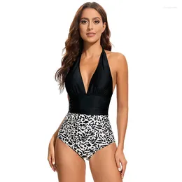 Women's Swimwear 2024 European And American One-piece Belly-covering Slimming Swimsuit For Women Deep V Sexy Color-blocked Halter Neck