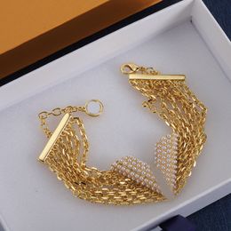 Multilayer Chain Bracelet Pearl Crystal V Charm Pendants Original Designer Women 18K Gold Silver Plated Wristband Cuff Link Chain Bangle Fashion Jewelry Wholesale