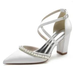 Dress Shoes Thick-heeled Pointed Pearl Rhinestone Wedding Bride