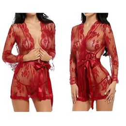 B 브라스 세트 여성의 섹시 란제리 See-Strough Mesh Leepwear 레이스 투명한 봄과 여름 여성 Robe Bathrobes