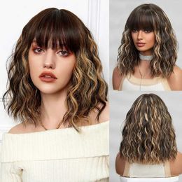 Synthetic Wigs Medium Synthetic Curly Bob Wigs Ombre Yellow Brown Hair Wig with Bangs for Girls and Ladies Natural Fibre Daily Heat Resistant 240328 240327