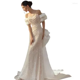 Casual Dresses Thin And Glittering Light Wedding Dress Fishtail Bride Off-the-Shoulder Gown