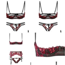 Sexy Pyjamas 1/4 Cup Underwire Open Bra Panty Underwear Set Womens Lace Embroidery Crotch Panties Y Lingerie L0407 Drop Delivery Appar Dhtn4