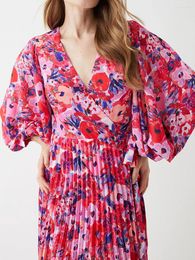 Casual Dresses Women S Floral Print Boho Dress Long Sleeve Wrap V Neck Ruffle Belted A-Line Flowy Maxi