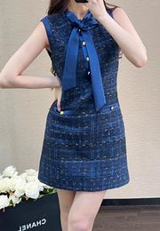 Casual Dresses 2024 Summer Luxury Women High Quality Blue Bow Tweed Vest Dress For Female Gdnz 2.27