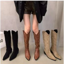 Boots Vintage Pointed Toe Female Western Cowboy Boots 2024 New Thick Heels Ladies Slip On Knight Boot Knee High Women Embroider Shoes