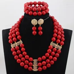 Necklace Earrings Set Charming Red Round Beads African Dubai Bridal Jewellery Big QW1027