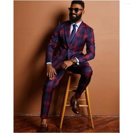Men's Suits In Men Red Blue Plaid 2 Pieces Costume Homme Tuxedos Wedding Groom Party Prom Blazer Sets Business Tailor Clothes