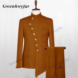 Suits Gwenhwyfar Latest Coat Design Men Suit Tuxedo 2 Pieces Gold Button Stand Collar Wedding Party Singer Costume Groom Orange Brown