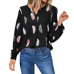 Women's Blouses Womens Feather Print Solid Colour V Neck Long Sleeve Chiffon Casual Fashion Tops Women Button Down Shirt Blouse Cardigan