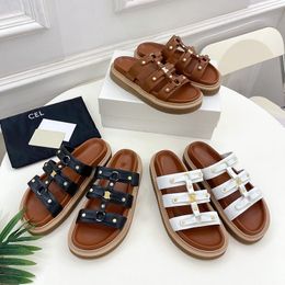 Designer Sandal Flip Fliops Woman Triom Phe Mules Slides Fashion Leather Flat Sandales Summer Beach Shohes Brown Rubber Sole White Black