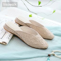 Boots Veowalk Pleated Fabric Women Comfortable Soft Flat Mules Slippers Ladies Casual Summer Autumn Close Toe Shoes Beige Blue Pink