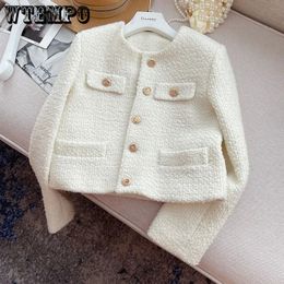 WTEMPO Korean Chic Female Tweed Basic Button Up Jacket Coat Women Autumn Winter Clothing Runway Style Woollen Outerwear 240307