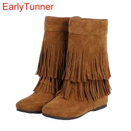 Boots Brand New Quality Winter Fashion Women Med Calf Wedge Fringe Boots Black Grey Beige Lady Tassel Shoes AH123 Plus Big size 32 43