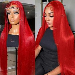 Synthetic Wigs Red Straight Lace Front Human Hair Wigs for Women 13X6 Lace Frontal Wig Remy Hair Pre Plucked 99J Burgundy Lace Front Wig 34inch 240328 240327