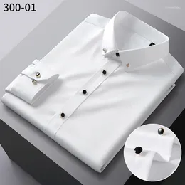 Men's Casual Shirts Drill Button Ice Silk Men Long Sleeve Formal Social No Iron Wrinkle Soft Silky Dress White