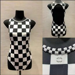 Designer womens swimsuit Chequered black and white vintage one-piece bikini swimsuit beach vacation one-piece tank top