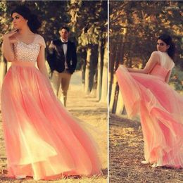 Party Dresses Coral Colour Prom Dress High Quality Crystals Beaded Tulle Gown